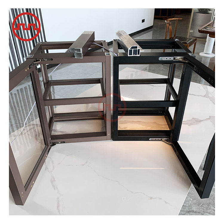 خزانة حائط زجاجية خشبية عمودية بإطار من الألومنيوم وأرفف زجاجية من الألومنيوم مع إضاءة LED