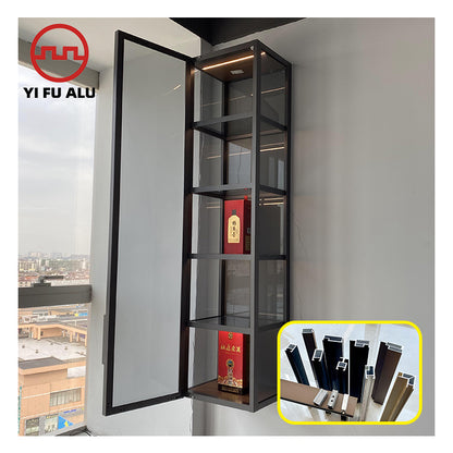 Wood Vertical Wall Glass Cabinet Aluminum Profile Aluminium Glass Shelves Wall with LED Light